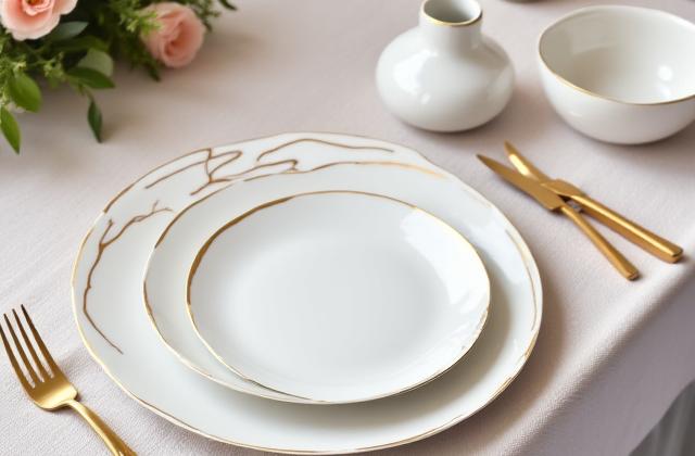 Ein elegant gedeckter Tisch mit weißem Porzellangeschirr, verziert mit dezenten Goldrändern