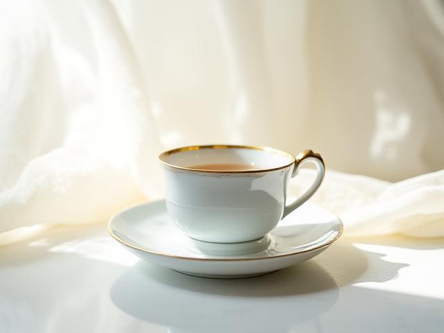 Delikate Porzellan-Teetasse und Untertasse mit Goldrand.