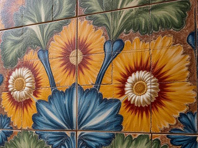 Detailaufnahme eines aufwendig restaurierten historischen Keramik-Fliesenbildes.