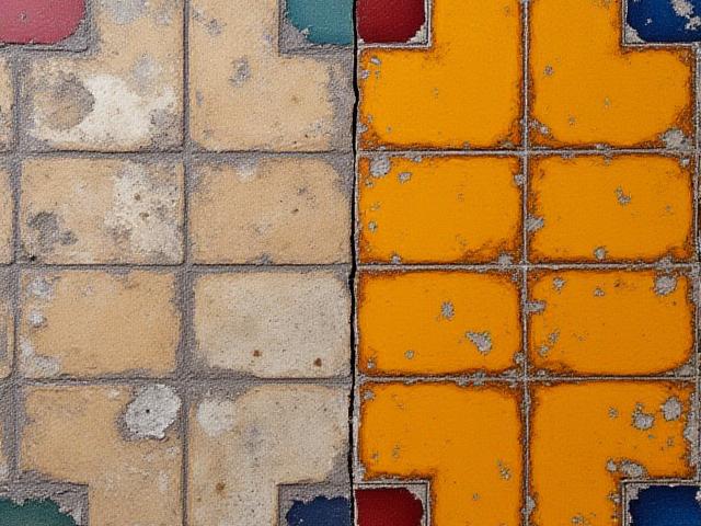 Vorher-Nachher-Aufnahme einer restaurierten historischen Bodenfliese.