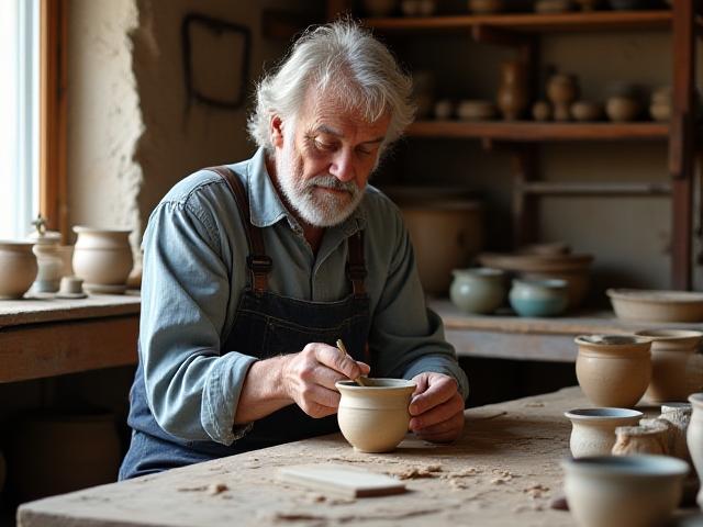 Ein traditioneller Keramikmeister in seiner historischen Werkstatt, umgeben von Ton und Werkzeugen